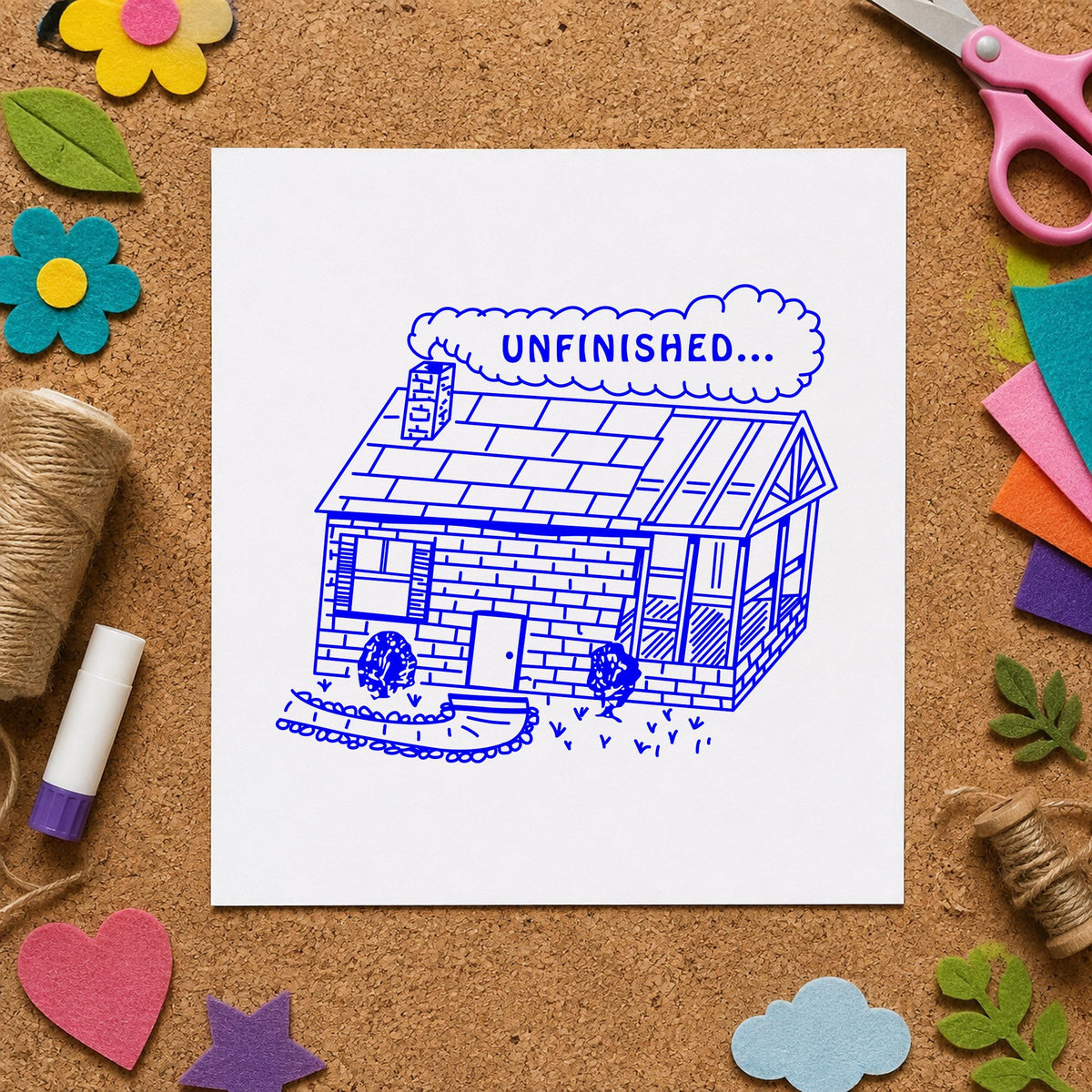 Blue homework feedback stamp impression featuring the unfinished work reminder design on white paper.