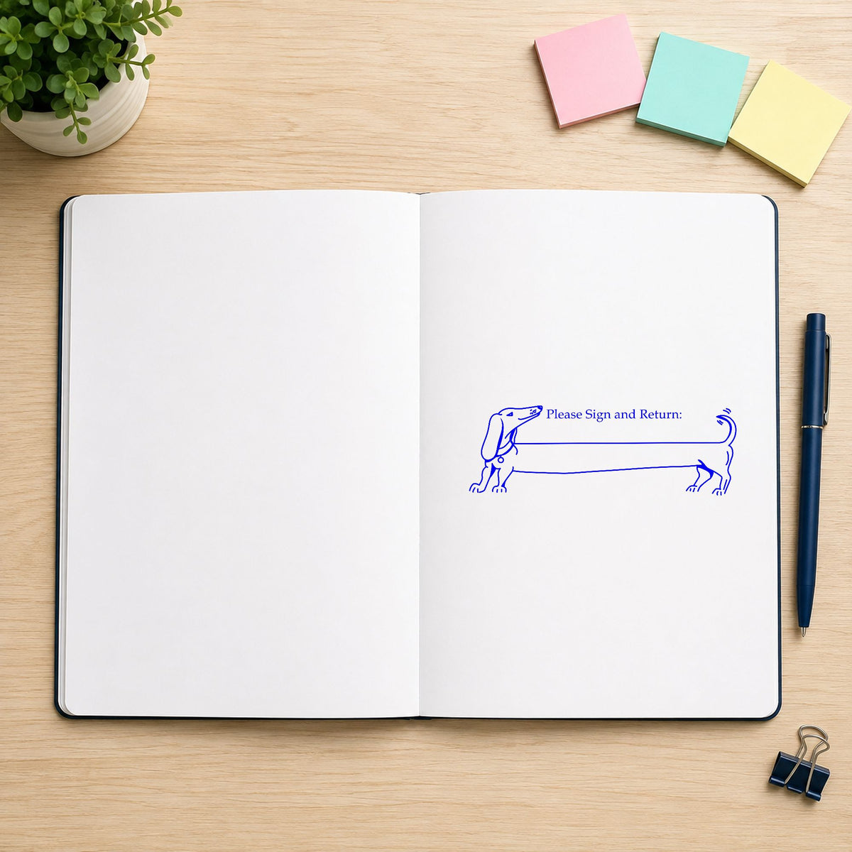 Blue parent signature request stamp impression featuring the please sign and return dog design on white paper.