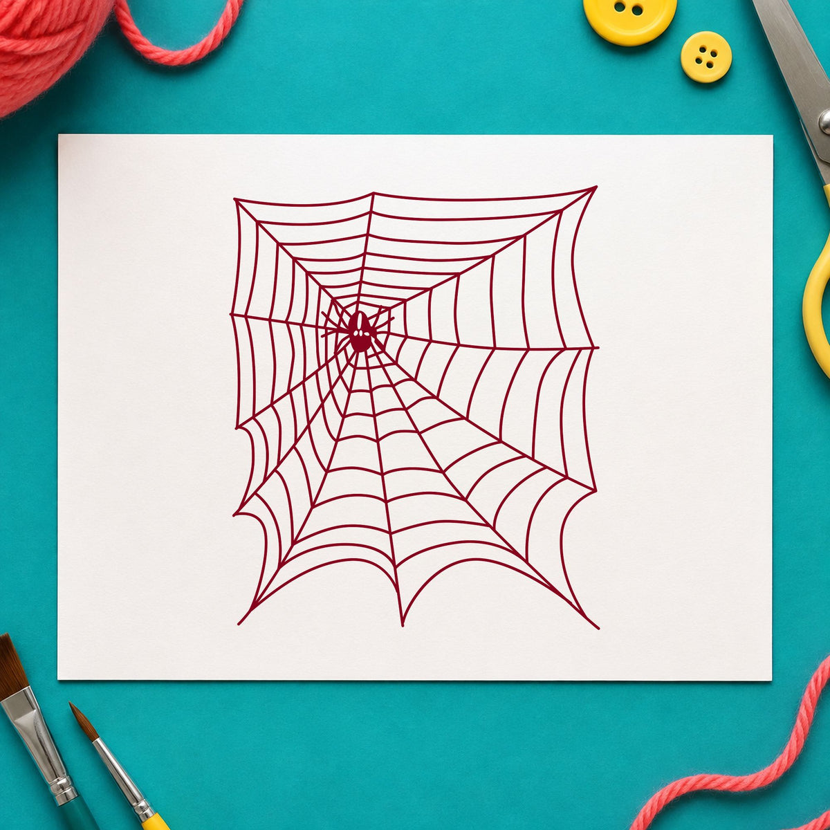 Spider and Web Halloween Rubber Stamp impression in burgundy ink on white paper in a styled craft setting.