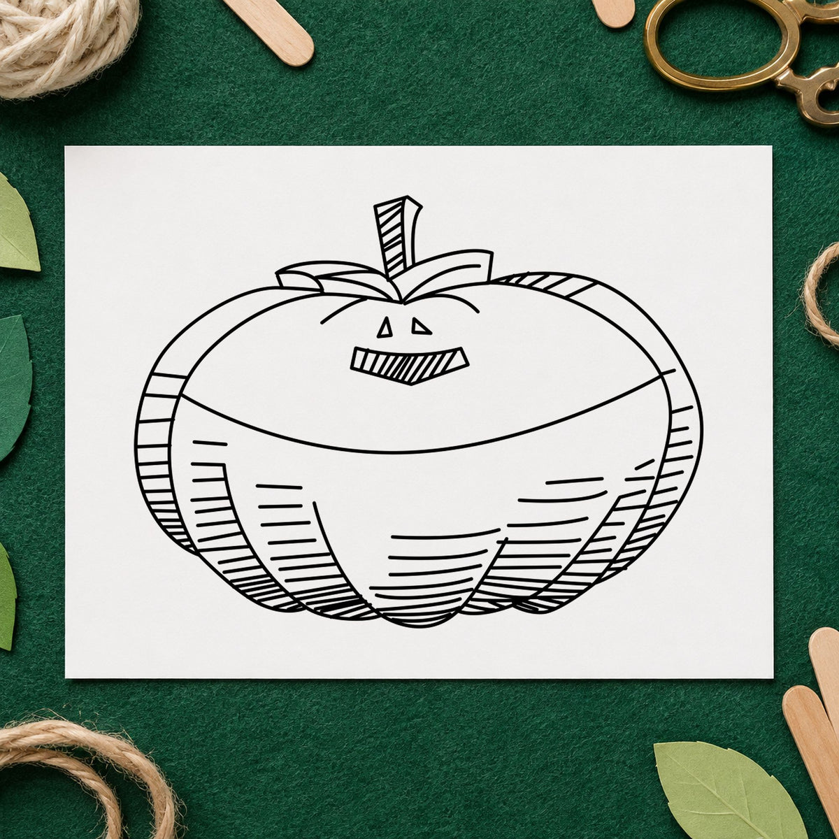 Black impression from a pumpkin rubber stamp, featuring the smiling jacko lantern design on white paper.