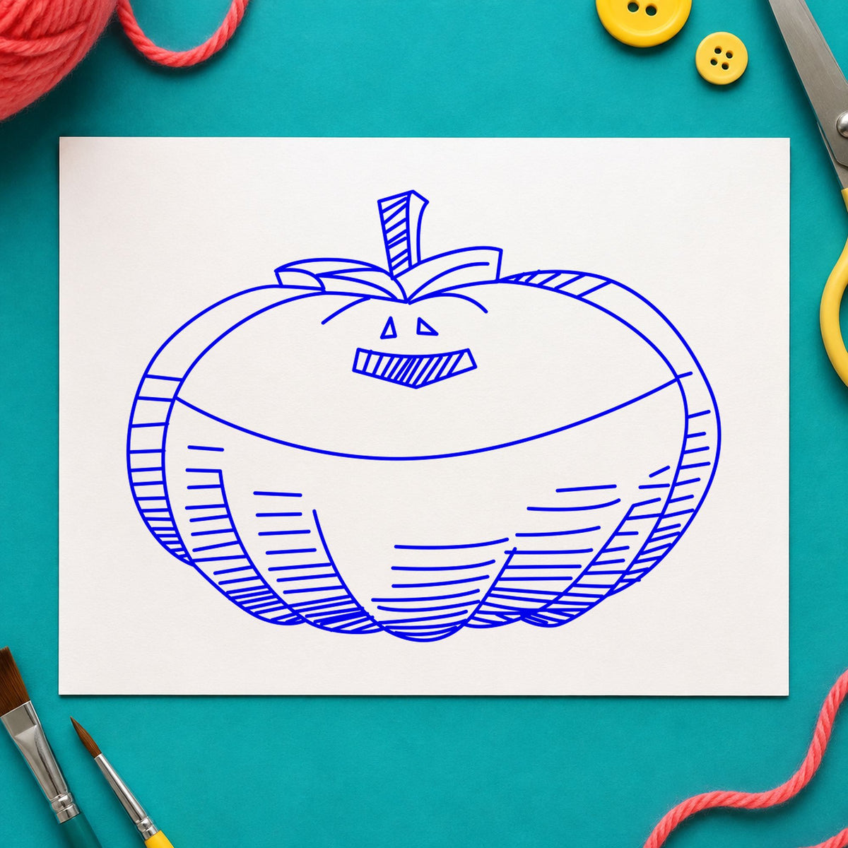 Smiling Jacko Lantern Rubber Stamp impression in blue ink on white paper in a styled craft setting.
