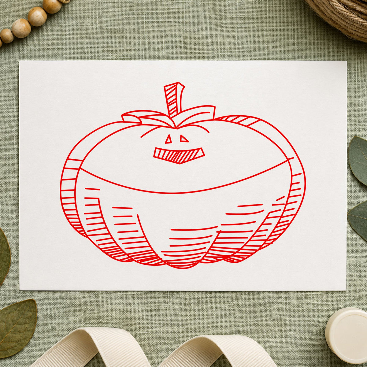 Smiling Jacko Lantern Rubber Stamp impression in red ink on white paper in a styled craft setting.