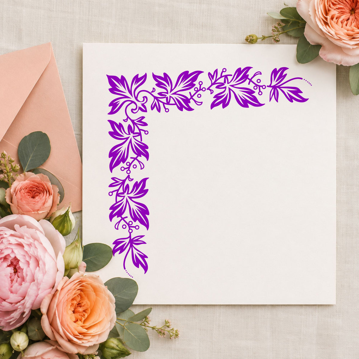 Semi Solid Leaf Corner Rubber Stamp impression in purple ink on white paper in a styled craft setting.