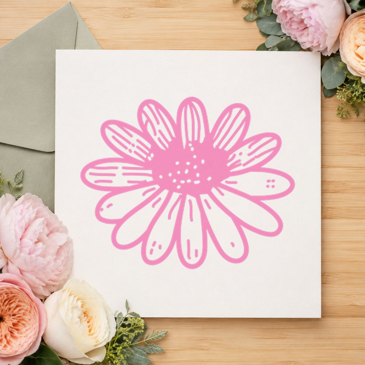 Daisy Flower Rubber Stamp Small impression in pink ink on white paper in a styled craft setting.