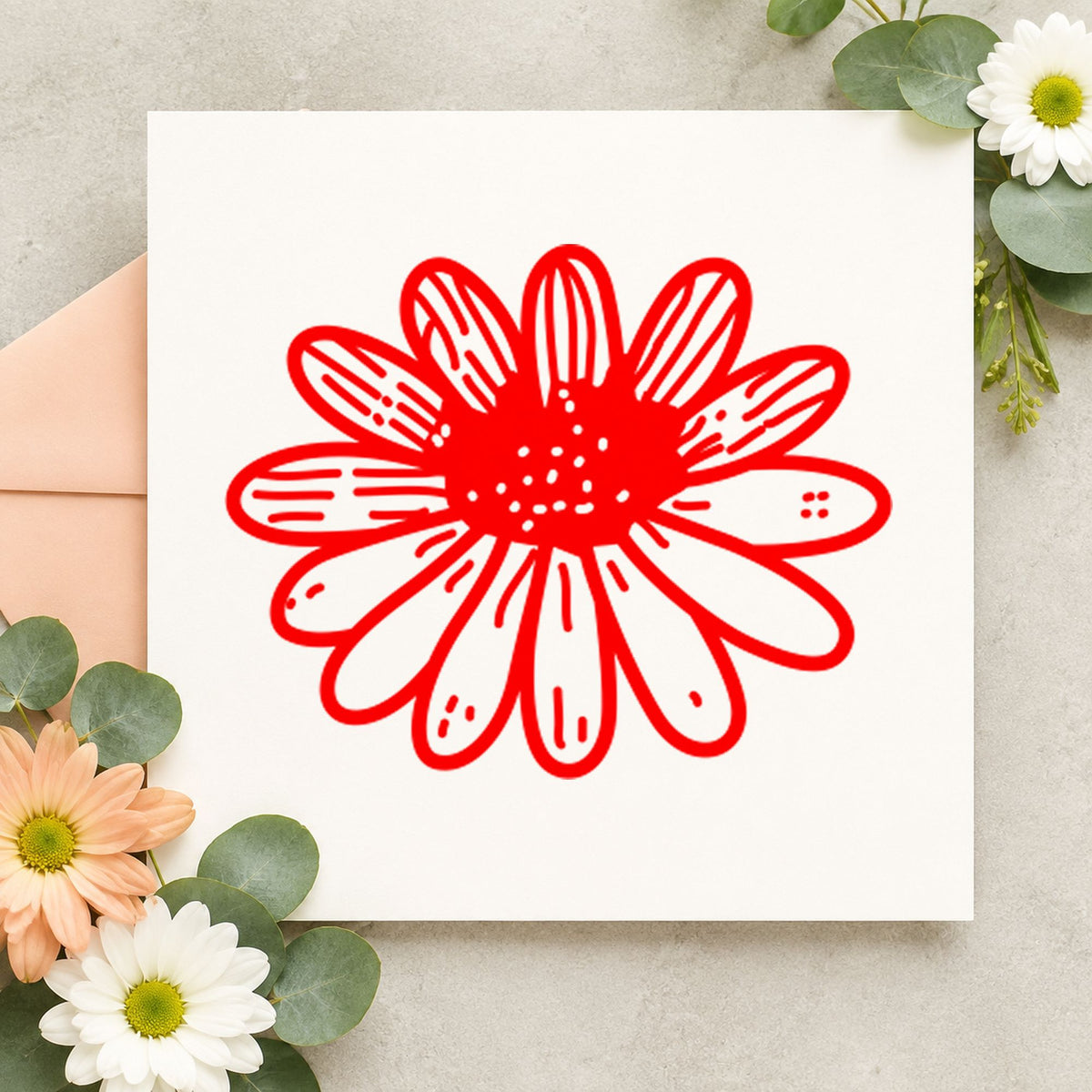 Daisy Flower Rubber Stamp Small impression in red ink on white paper in a styled craft setting.