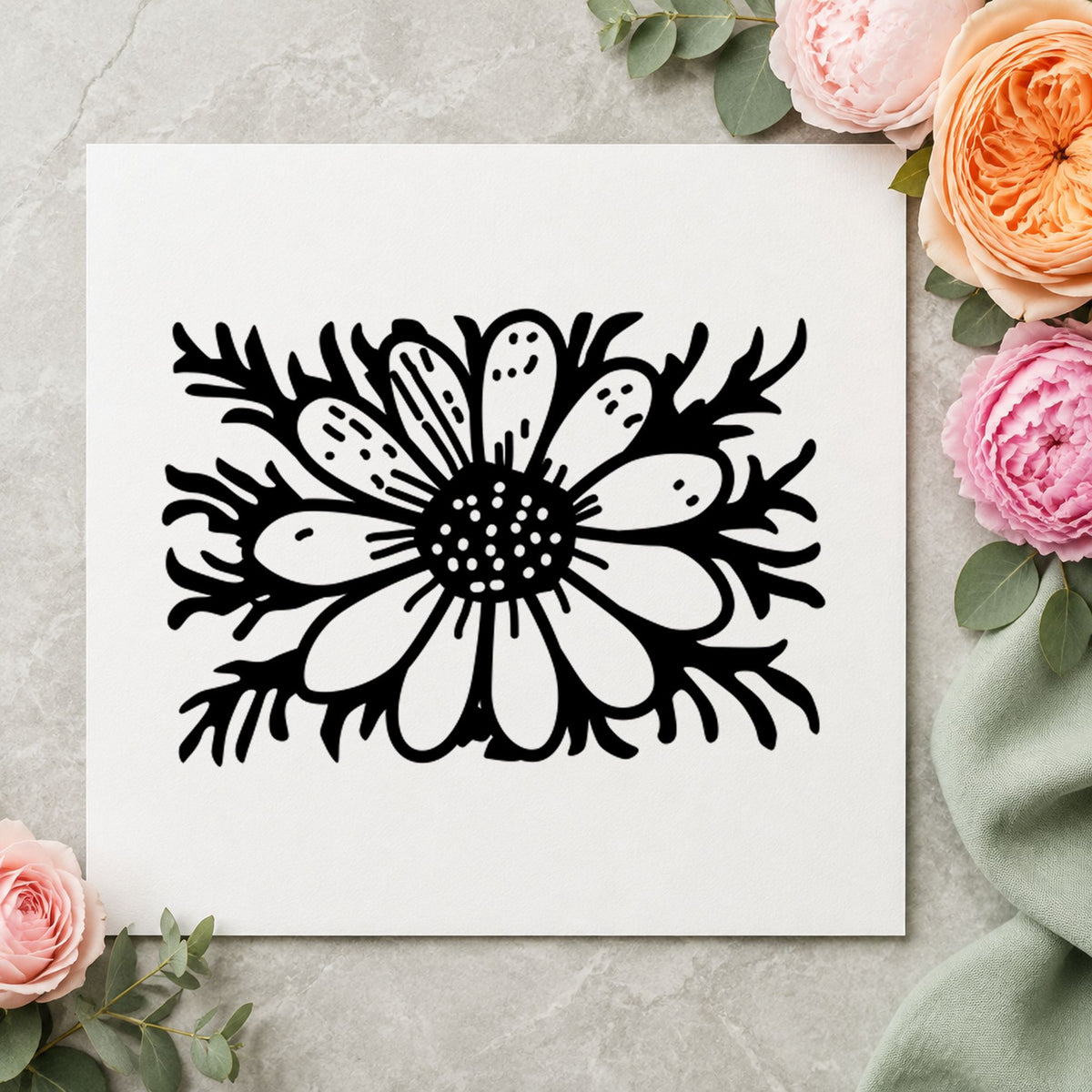 Daisy with Stem Rubber Stamp Small impression in black ink on white paper in a styled craft setting.