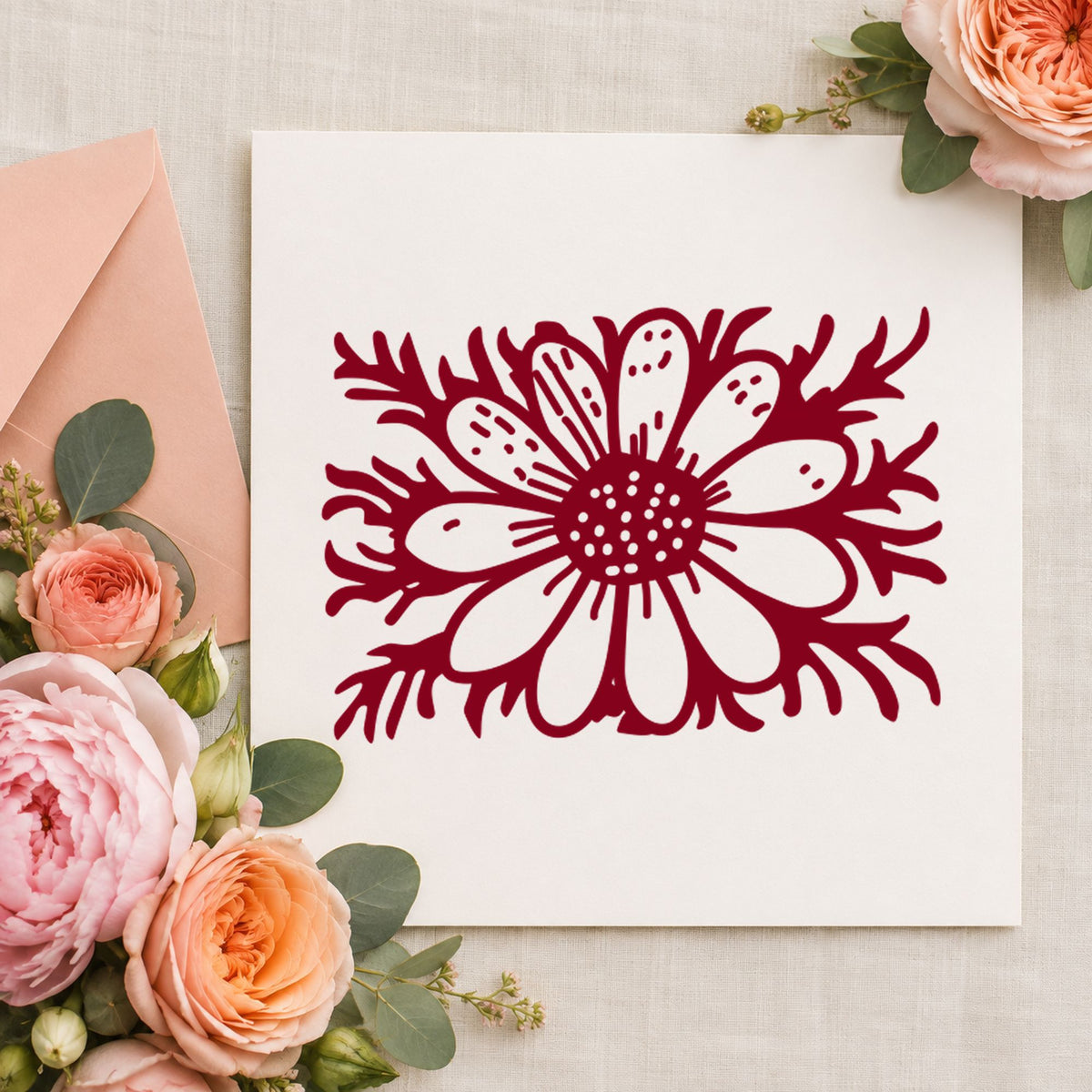 Daisy with Stem Rubber Stamp Small impression in burgundy ink on white paper in a styled craft setting.