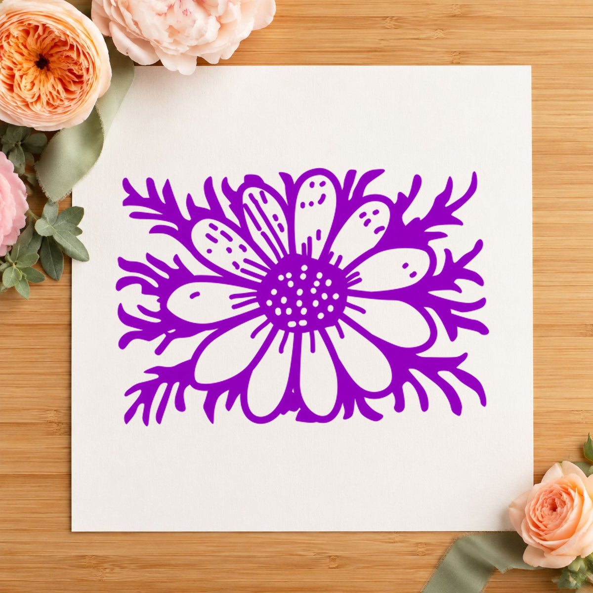 Daisy with Stem Rubber Stamp Small impression in purple ink on white paper in a styled craft setting.