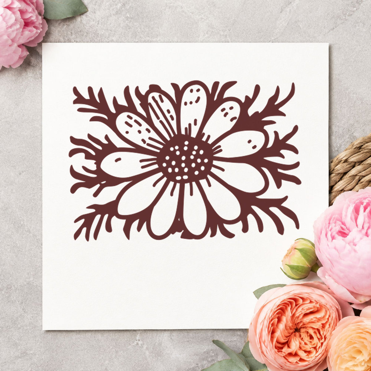 Daisy with Stem Rubber Stamp Small impression in brown ink on white paper in a styled craft setting.