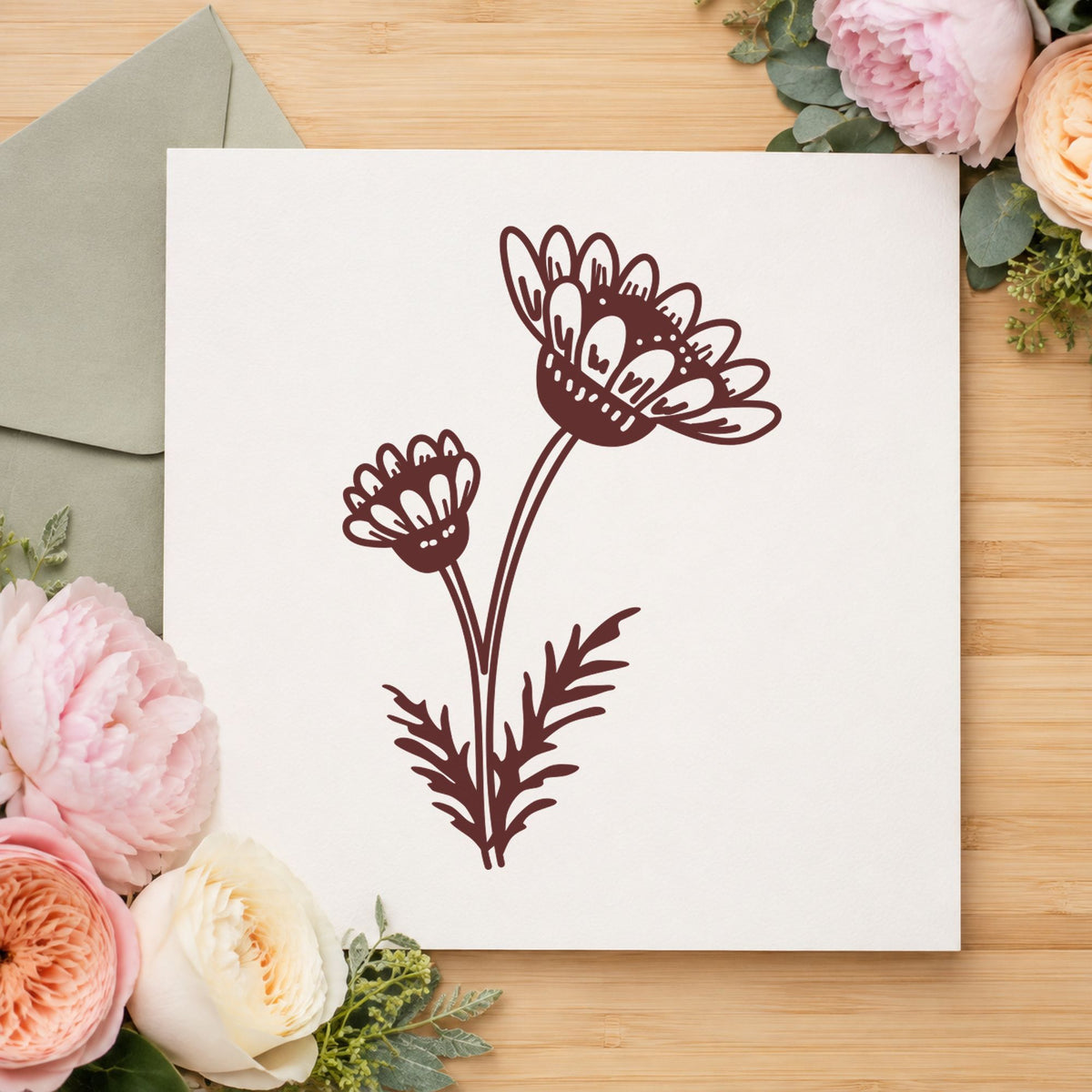 Two Daisies on a Stem Rubber Stamp impression in brown ink on white paper in a styled craft setting.