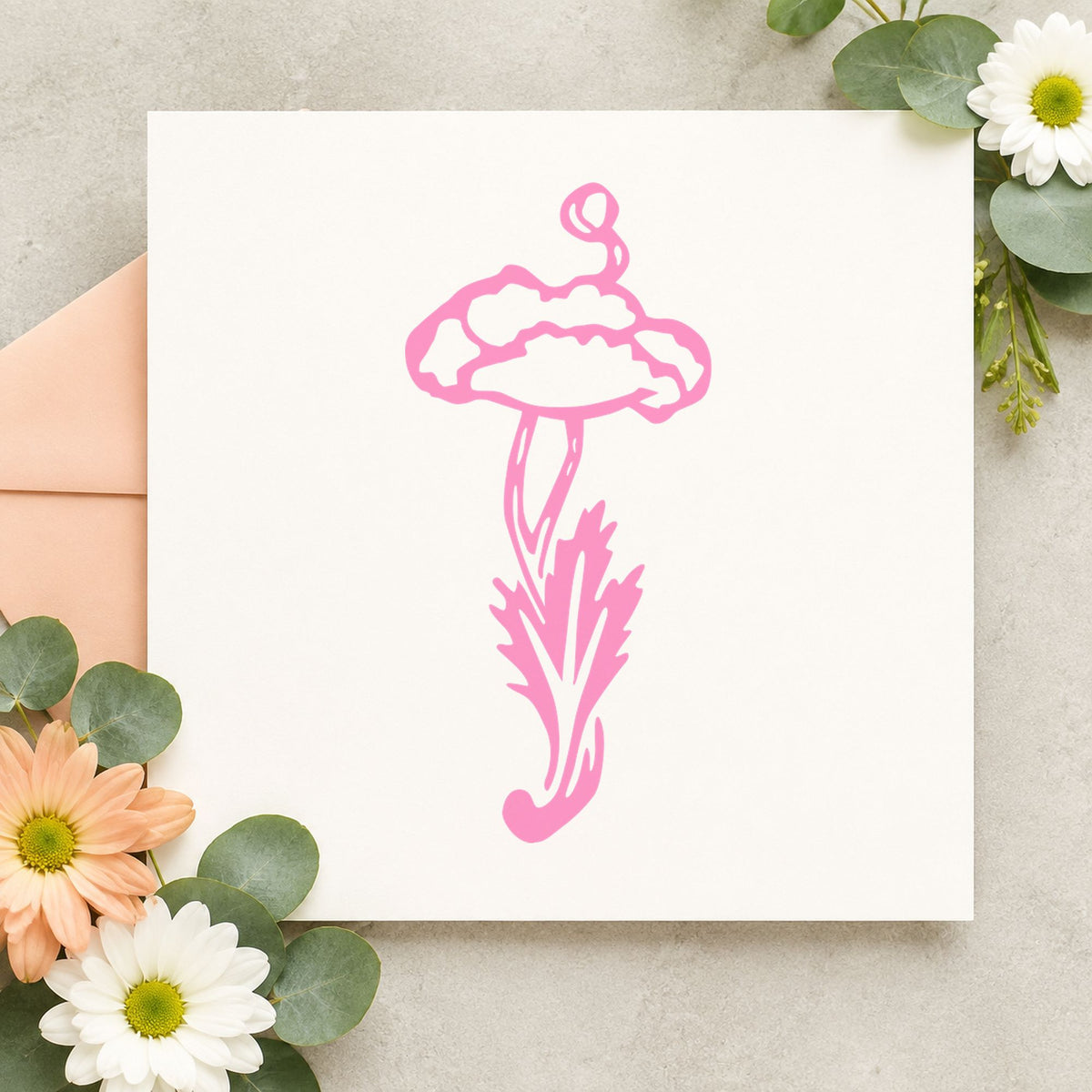 Single Flower with Stem Rubber Stamp impression in pink ink on white paper in a styled craft setting.