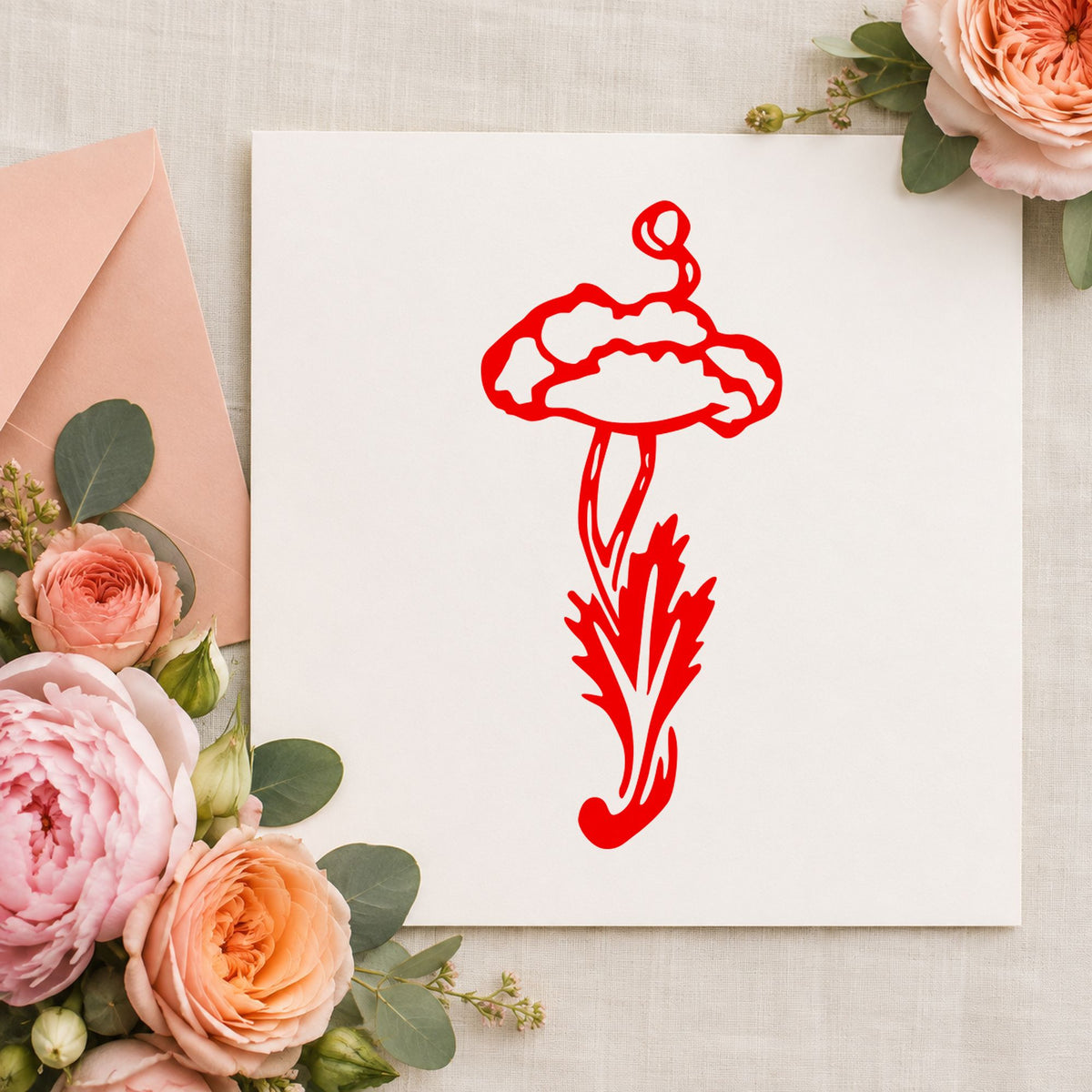 Single Flower with Stem Rubber Stamp impression in red ink on white paper in a styled craft setting.