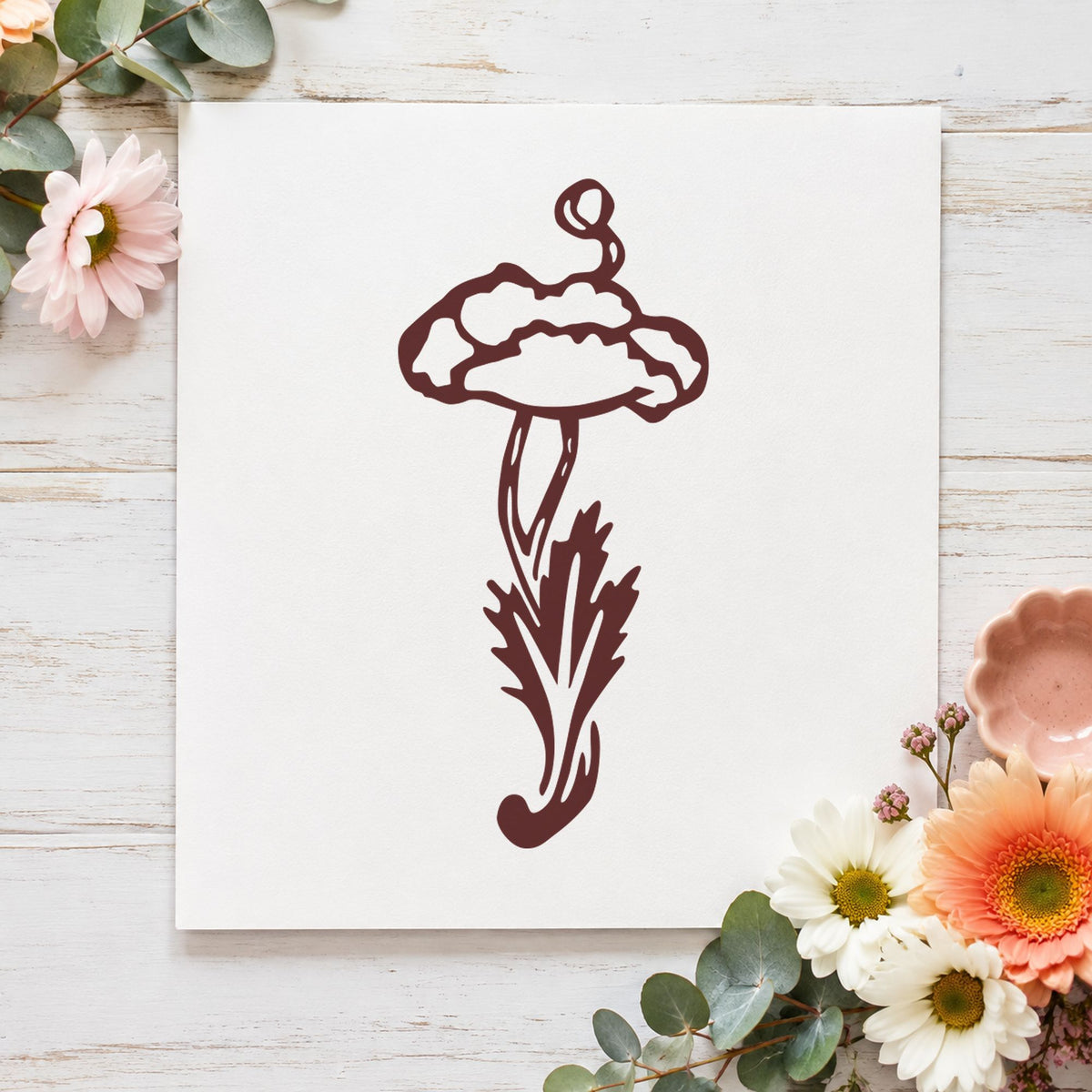 Single Flower with Stem Rubber Stamp impression in brown ink on white paper in a styled craft setting.