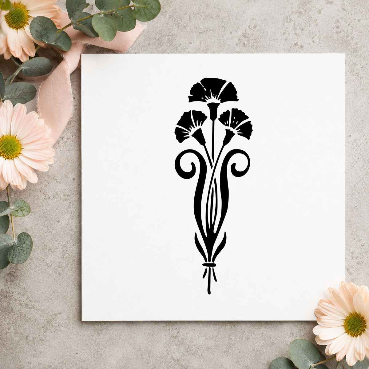 Three Flowers in a Vase Rubber Stamp impression in black ink on white paper in a styled craft setting.