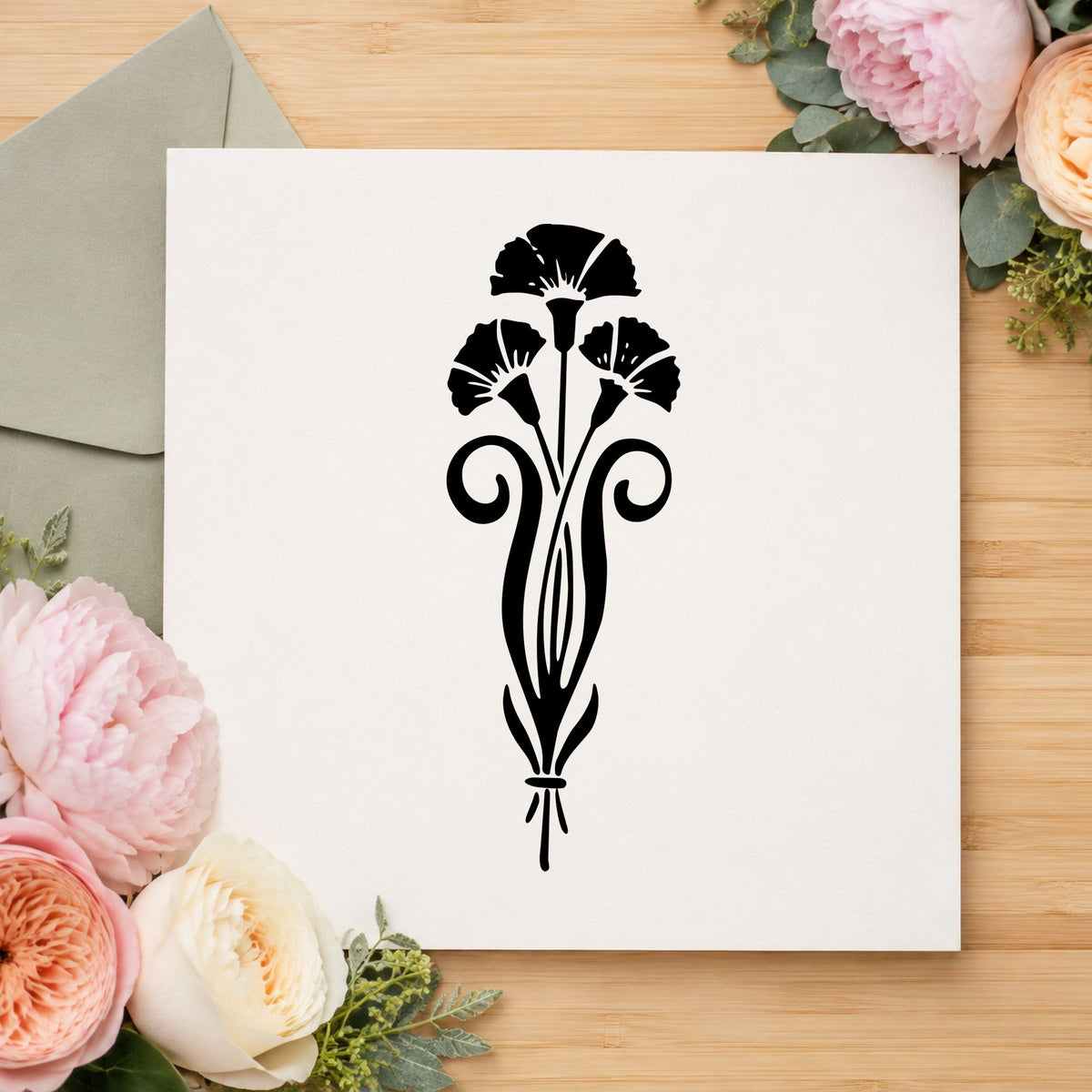Black impression from a flower rubber stamp, featuring the three flowers in a vase design on white paper.