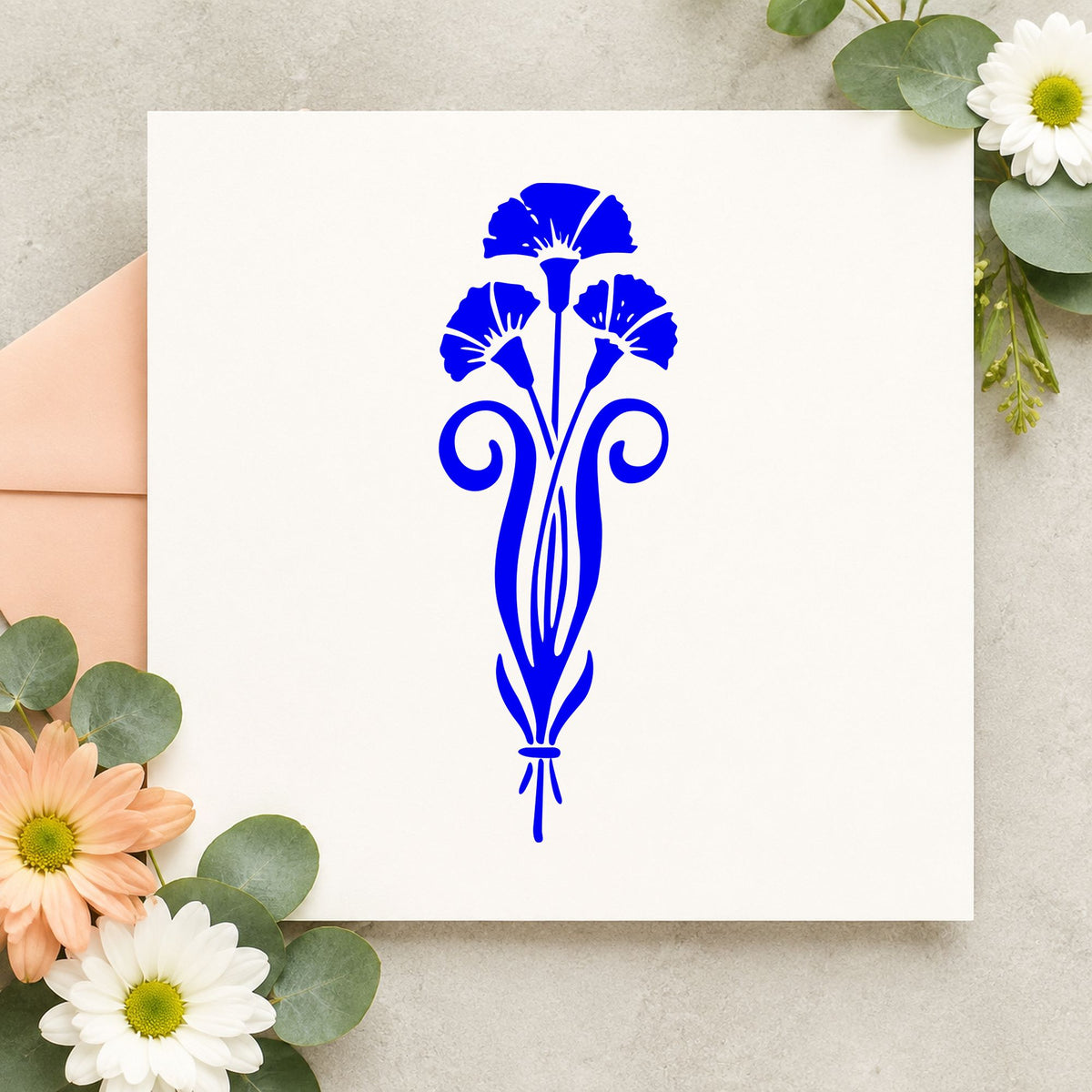 Blue botanical card making stamp impression featuring the three flowers in a vase design on white paper.