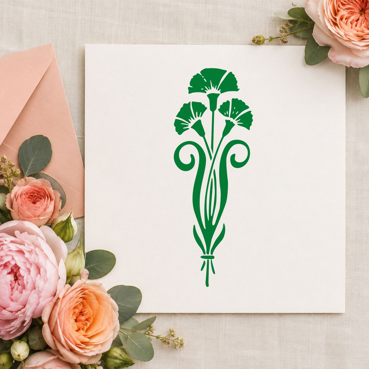 Three Flowers in a Vase Rubber Stamp impression in green ink on white paper in a styled craft setting.