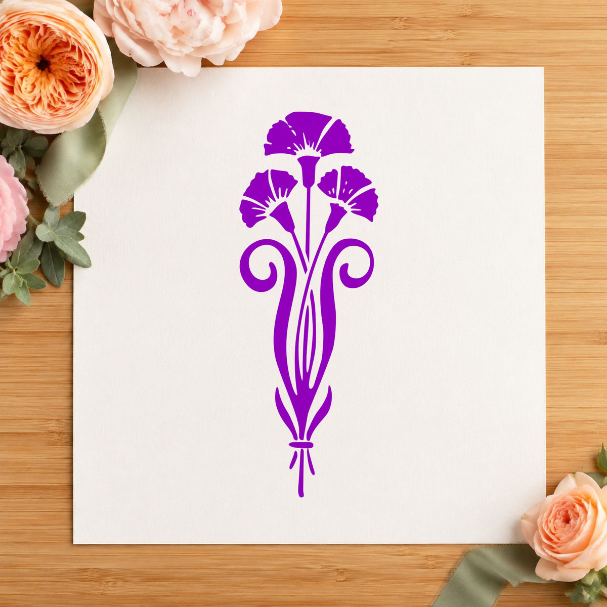 Three Flowers in a Vase Rubber Stamp impression in purple ink on white paper in a styled craft setting.