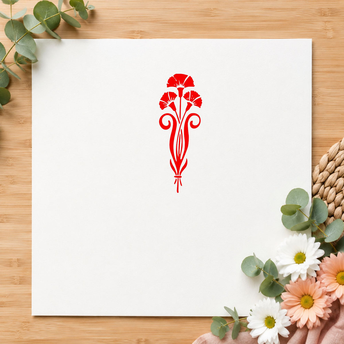 Three Flowers in a Vase Rubber Stamp impression in red ink on white paper in a styled craft setting.