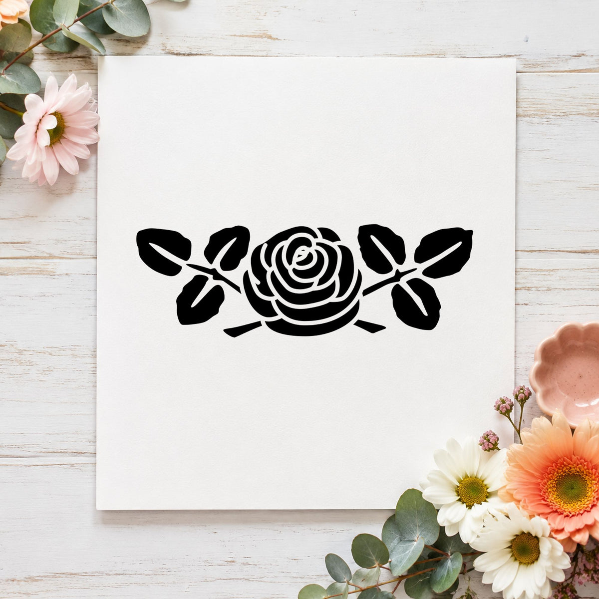 Rose Flower Rubber Stamp Large impression in black ink on white paper in a styled craft setting.
