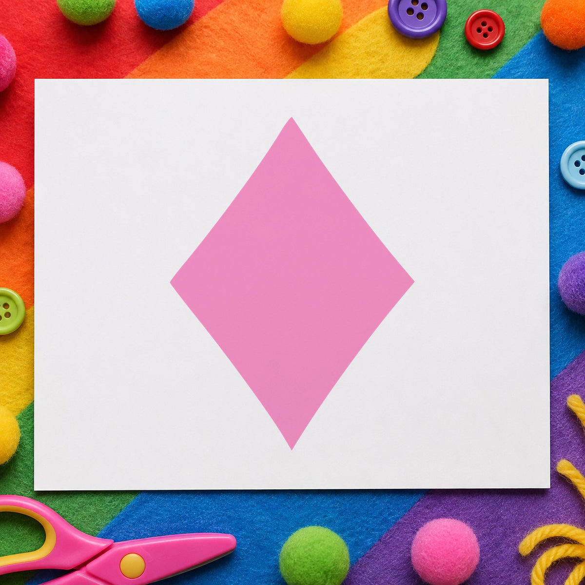 Playing Card Diamond Rubber Stamp impression in pink ink on white paper in a styled craft setting.