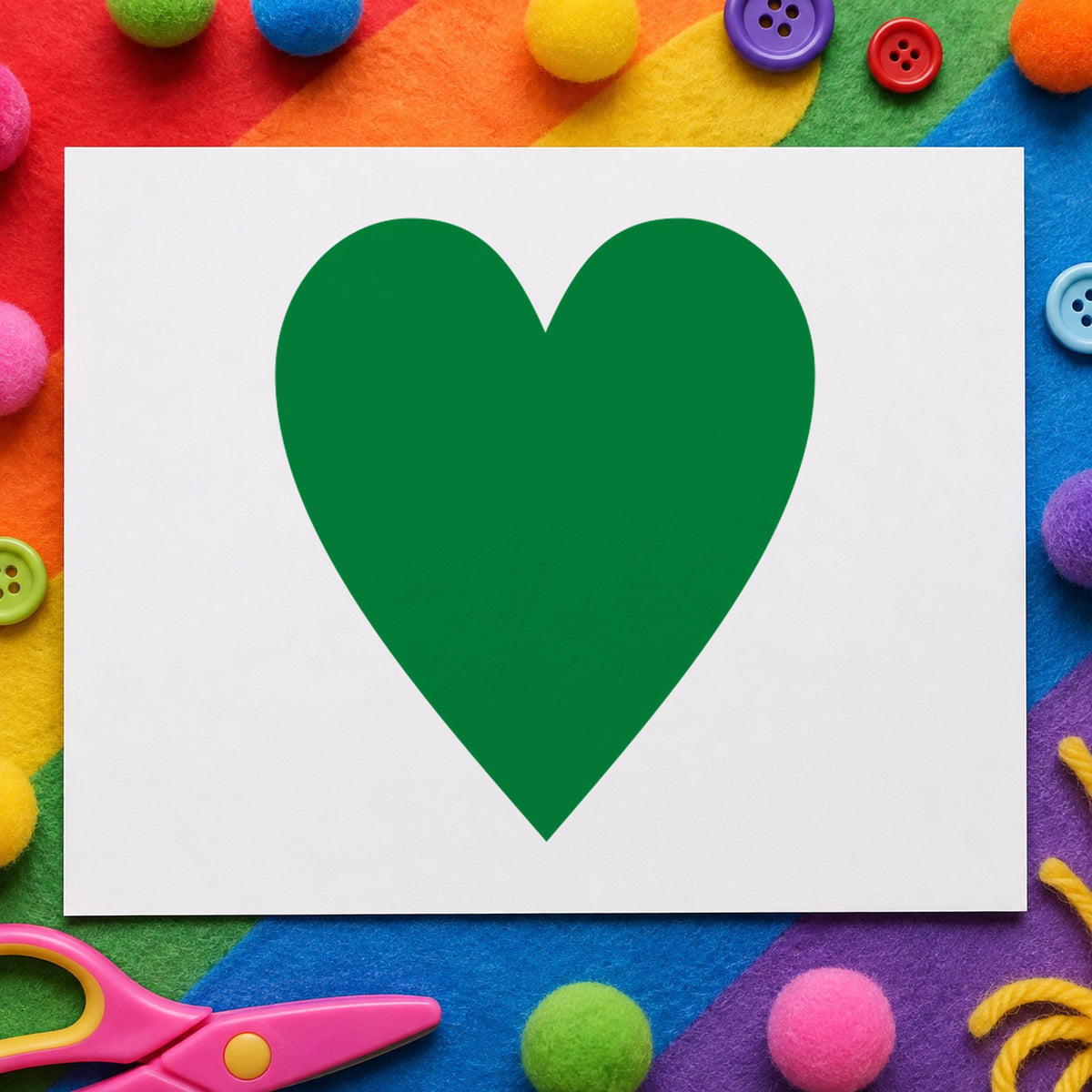 Playing Card Heart Rubber Stamp impression in green ink on white paper in a styled craft setting.