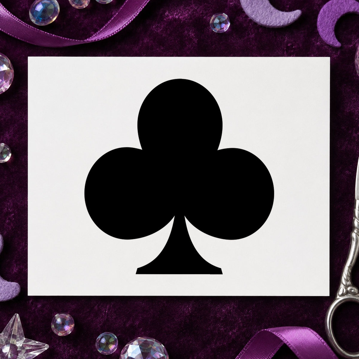Playing Card Club Rubber Stamp impression in black ink on white paper in a styled craft setting.