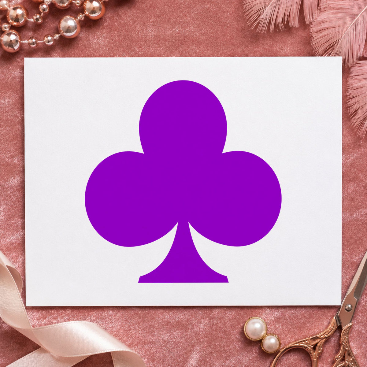 Playing Card Club Rubber Stamp impression in purple ink on white paper in a styled craft setting.