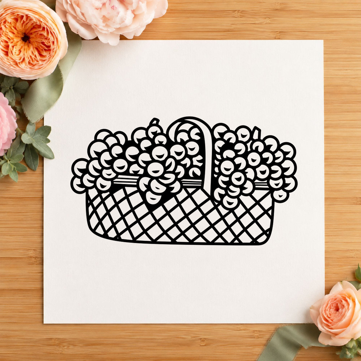 Basket of Flowers Rubber Stamp Large impression in black ink on white paper in a styled craft setting.