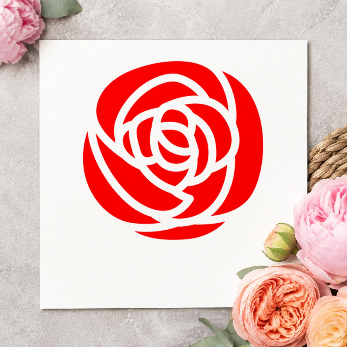 Single Solid Flower Rubber Stamp impression in red ink on white paper in a styled craft setting.