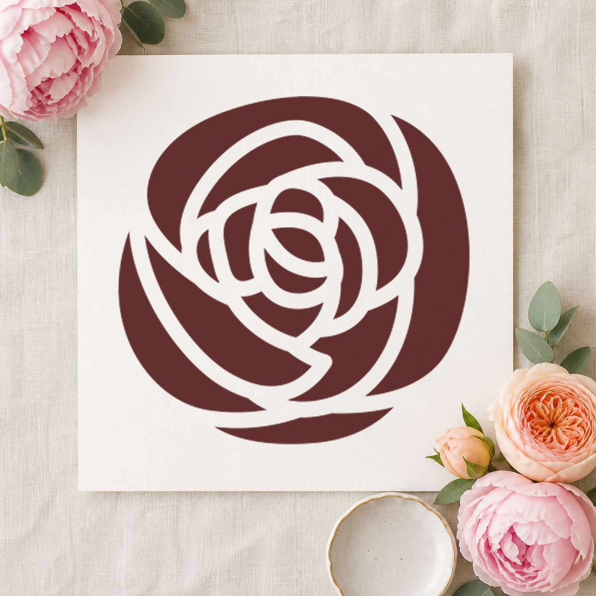 Single Solid Flower Rubber Stamp impression in brown ink on white paper in a styled craft setting.