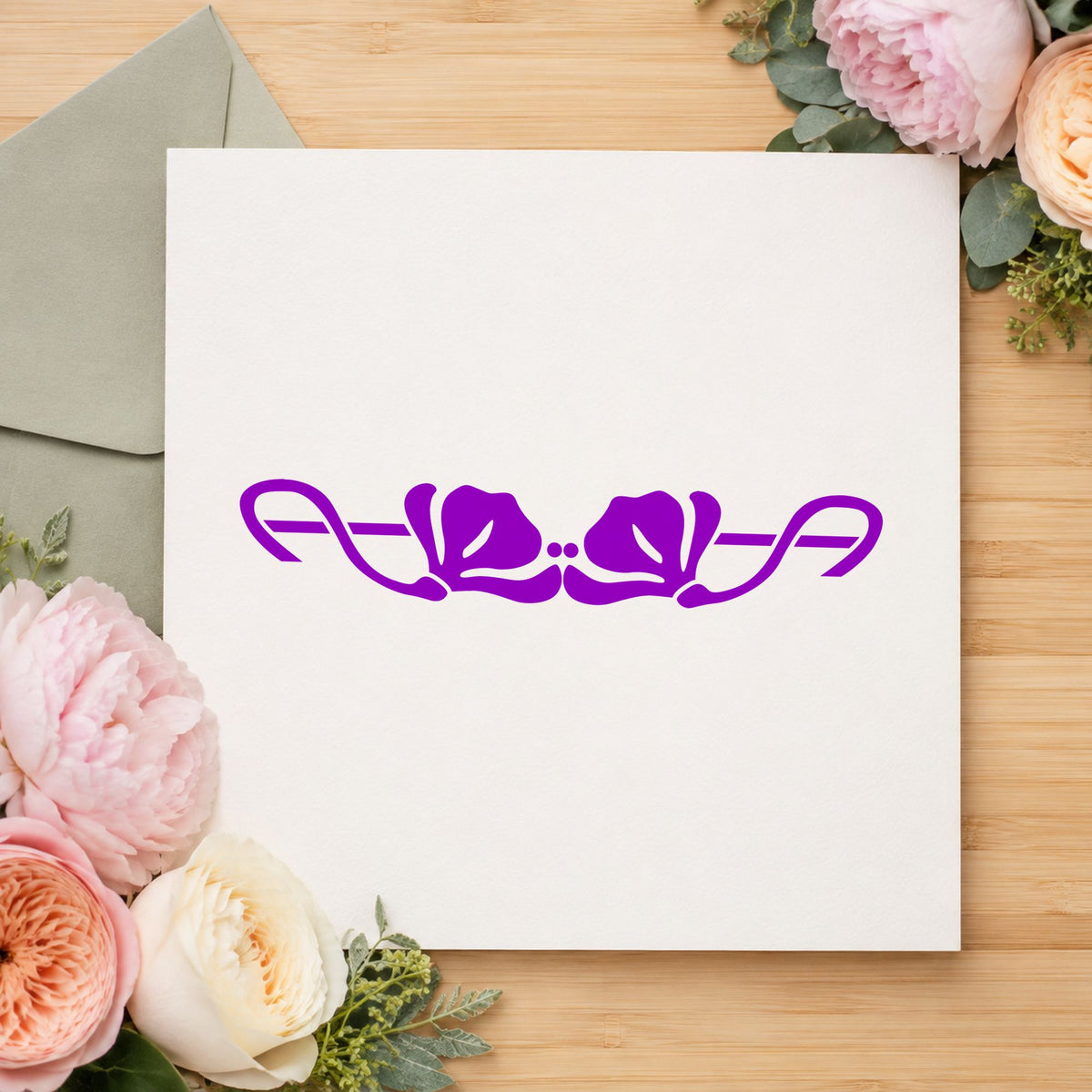 Double Flower Border Rubber Stamp impression in purple ink on white paper in a styled craft setting.
