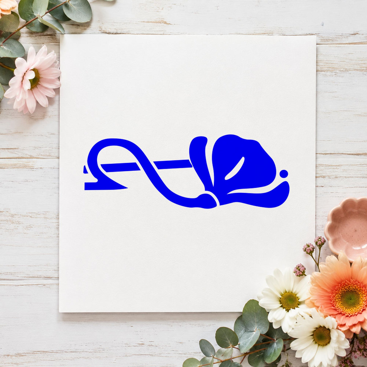 Blue greeting card border stamp impression featuring the right single flower border design on white paper.