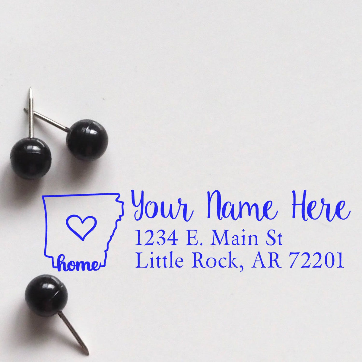 Personalized return address rubber stamp with Arkansas home design, heart icon, and Little Rock, AR 72201 mailing imprint.