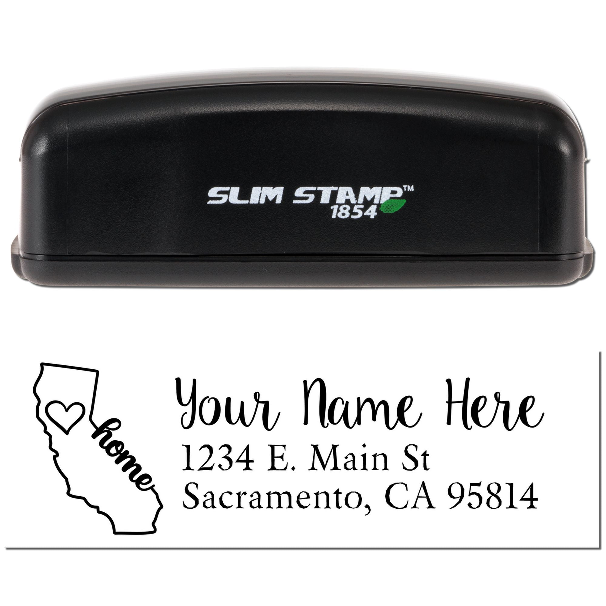 Slim Stamp 1854 custom self-inking rubber stamp with California home address design and personalized name and address imprint.