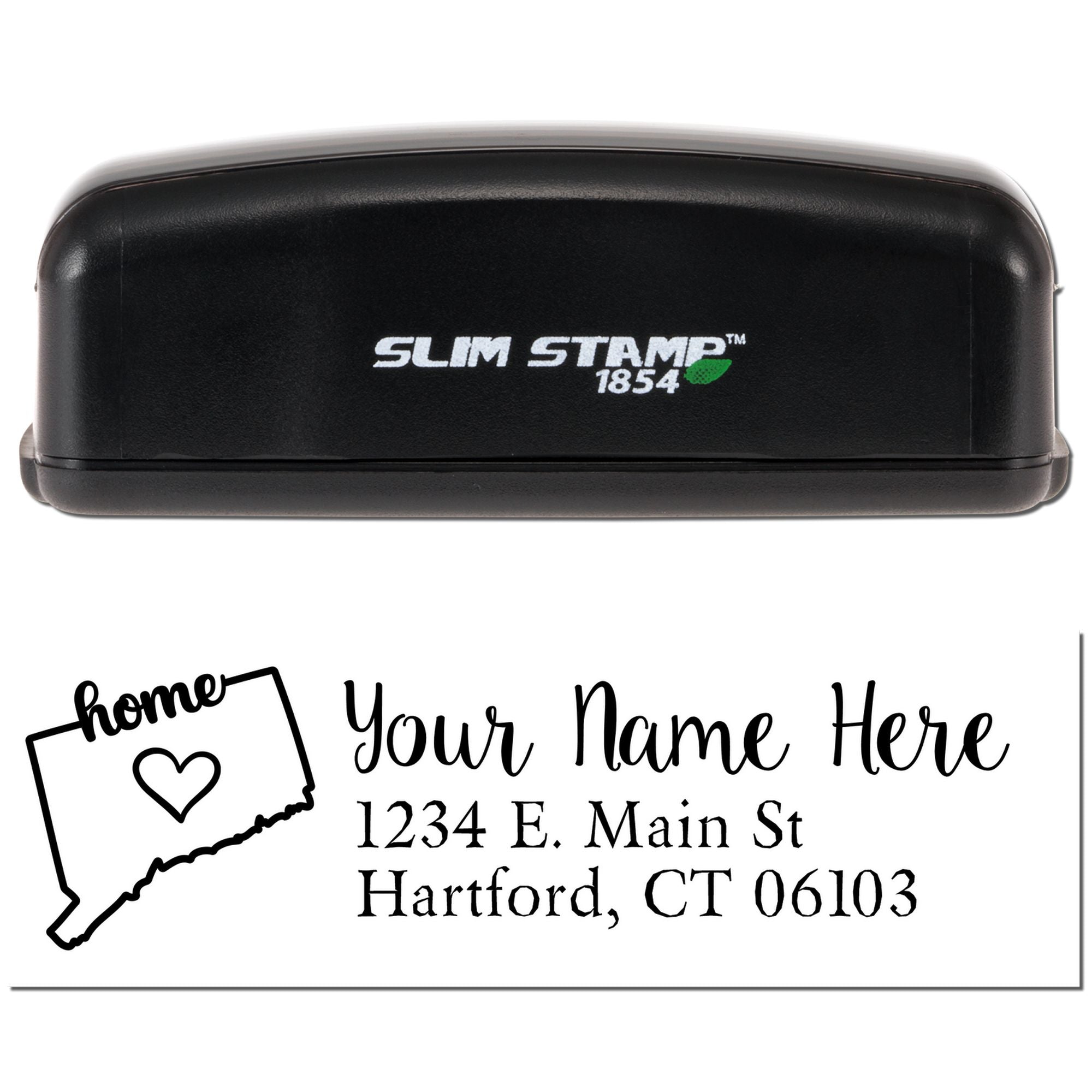 Custom self-inking return address rubber stamp with home heart design and personalized Hartford, CT address.
