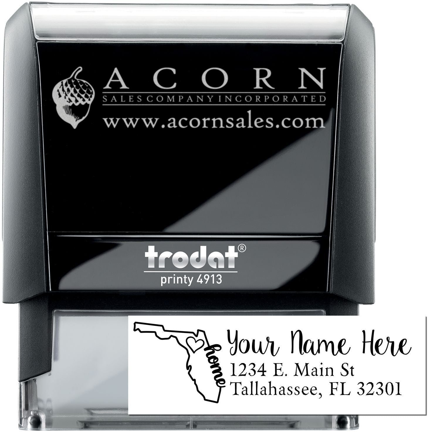 Custom self-inking rubber stamp with logo and address imprint, Trodat Printy 4913 for business branding.
