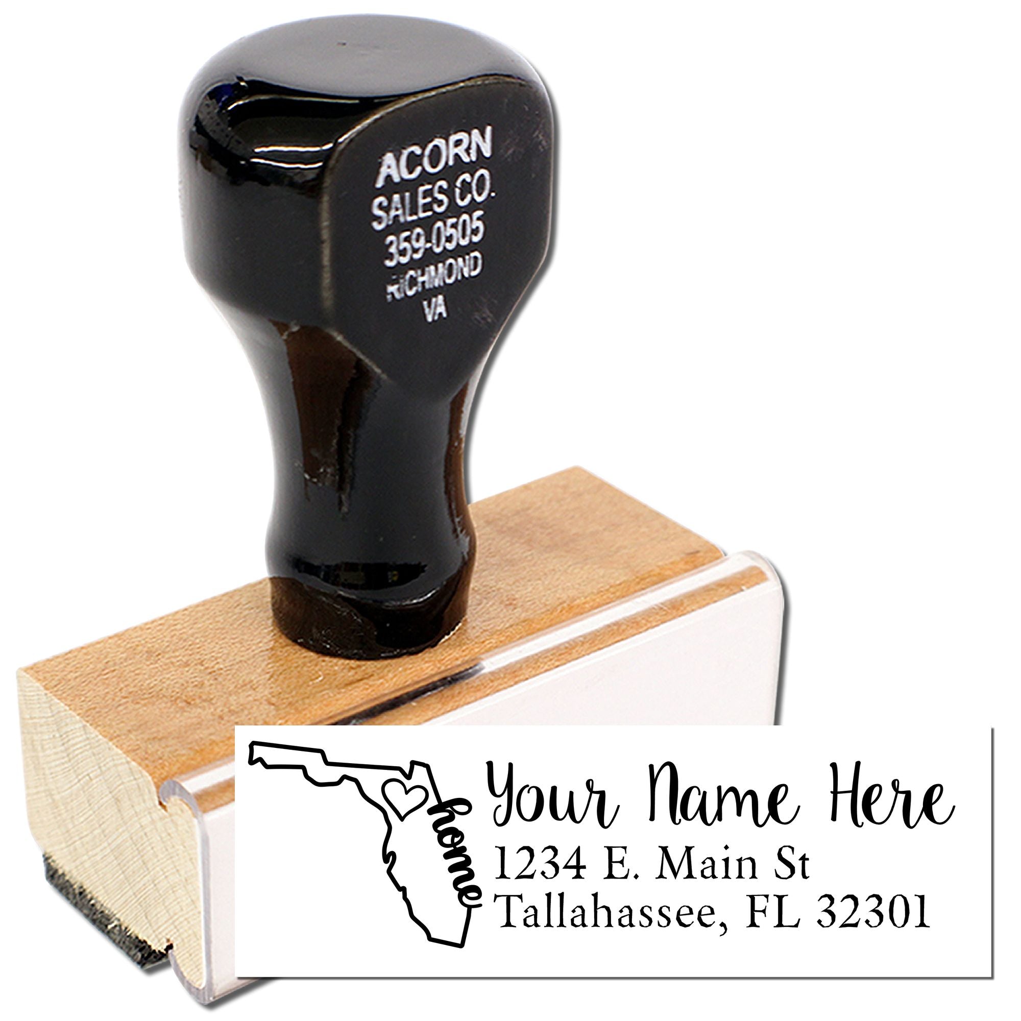 Personalized rubber address stamp with business name and Florida return address for envelopes, branding, and mail.
