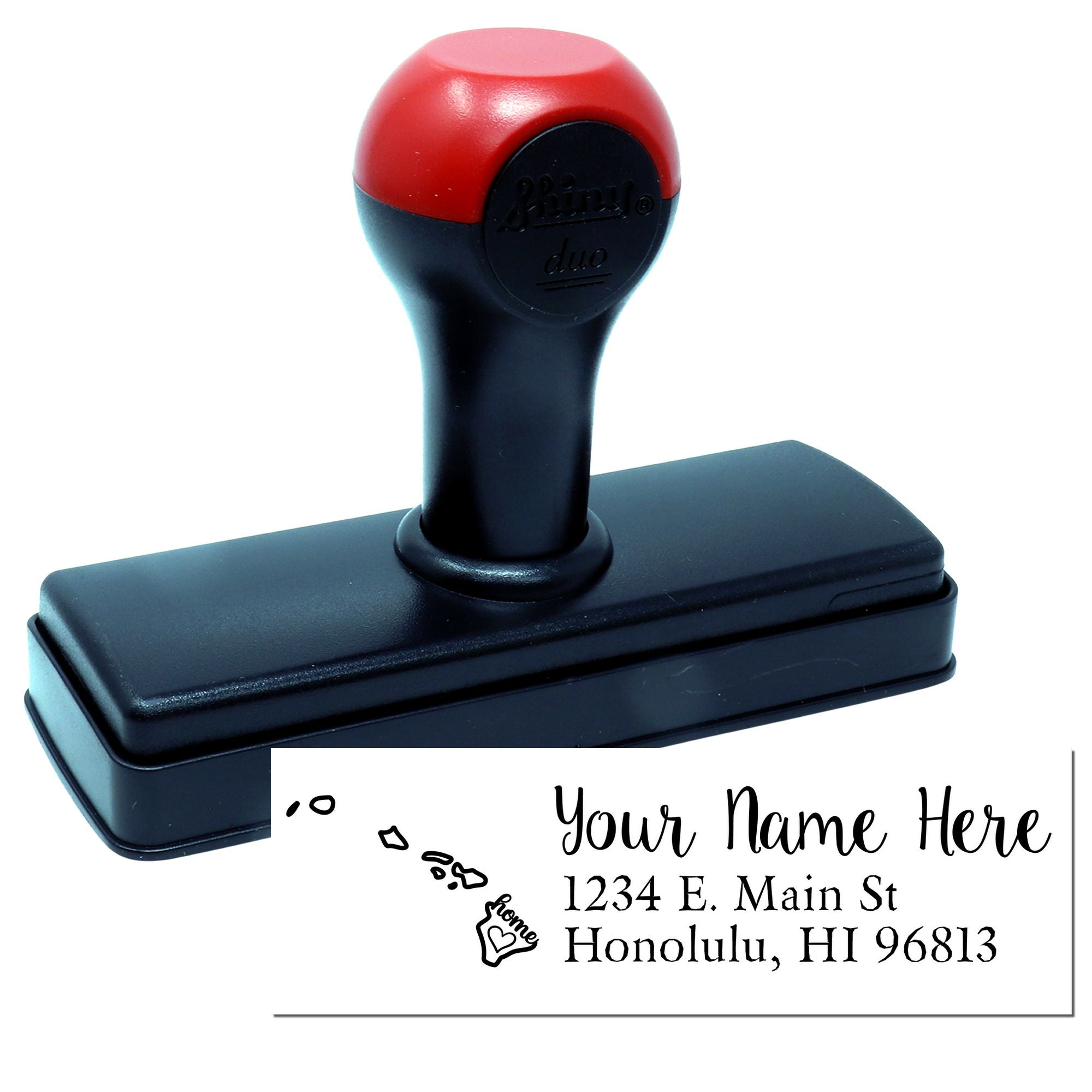 Custom self-inking rubber address stamp with personalized name and return address imprint for mailing and home use