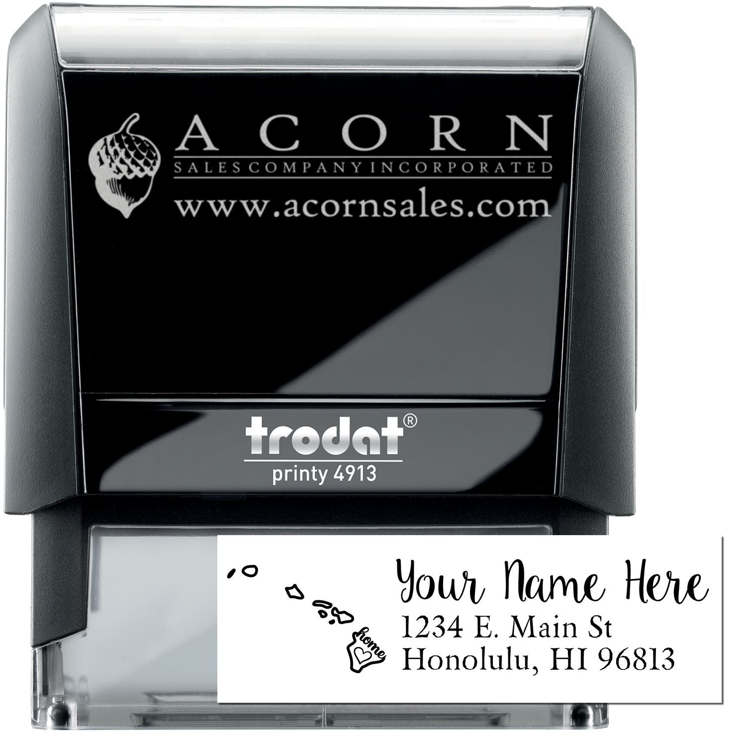Custom self-inking rubber stamp with logo and return address for business mailings and branding.