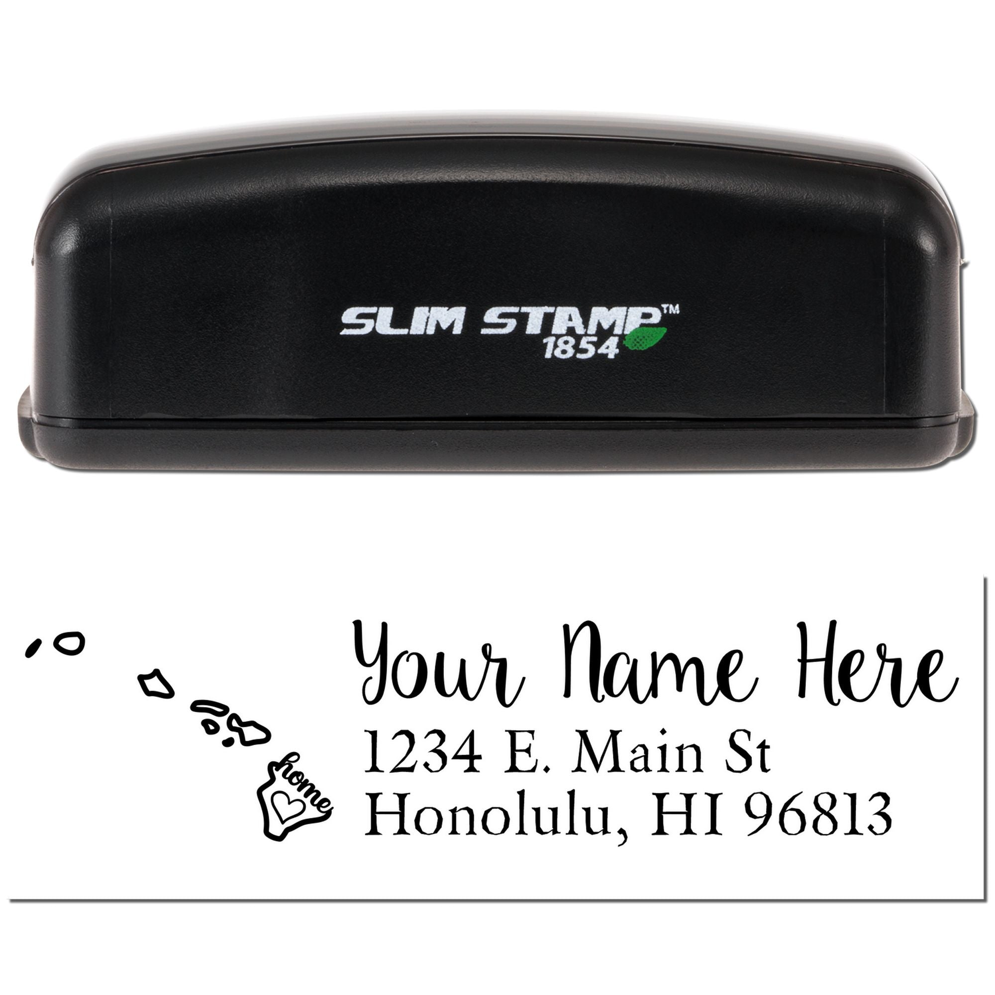 Custom self-inking rubber address stamp with Slim Stamp 1854 case and personalized return address design.