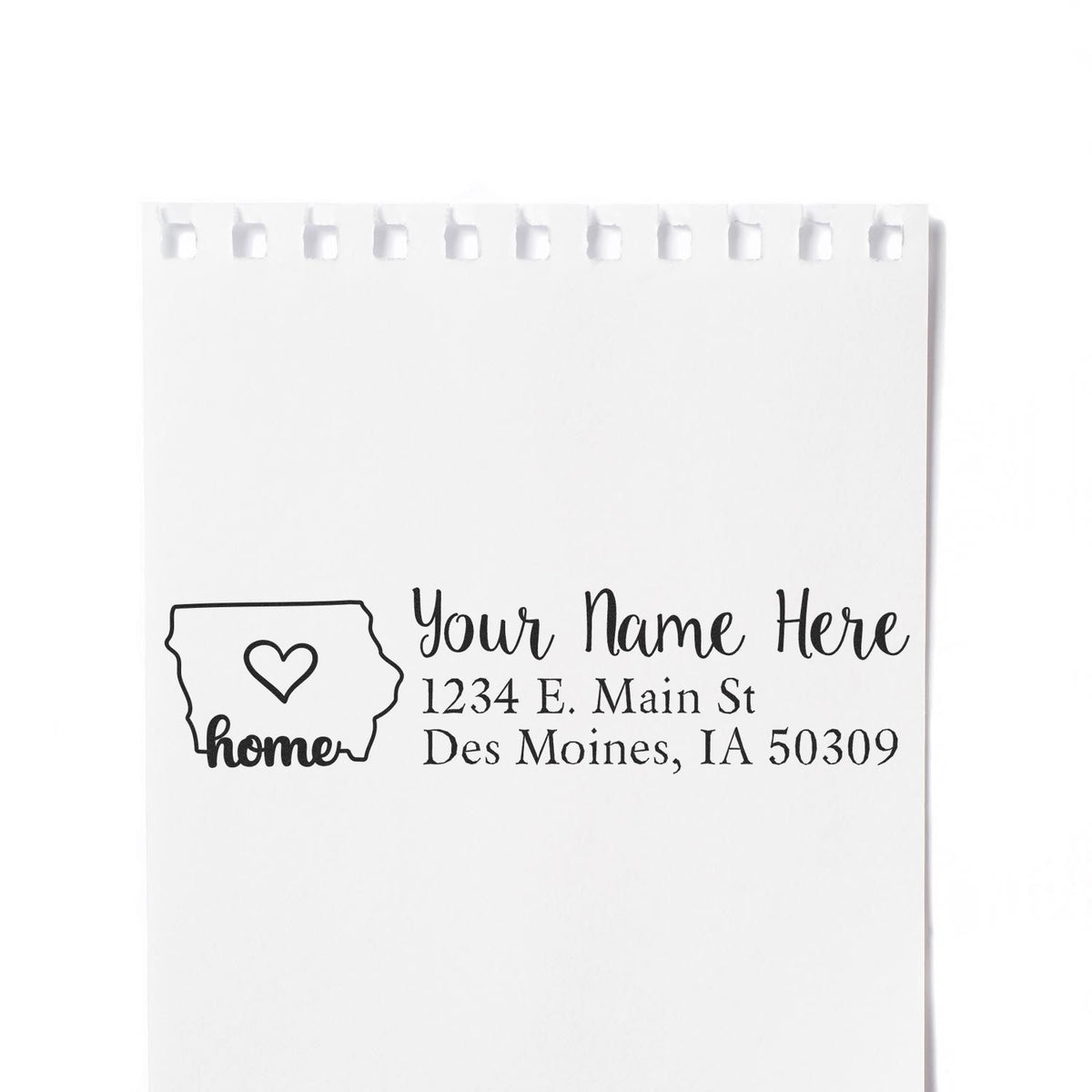 Custom home address rubber stamp with Iowa outline and heart, personalized name and mailing address for envelopes.