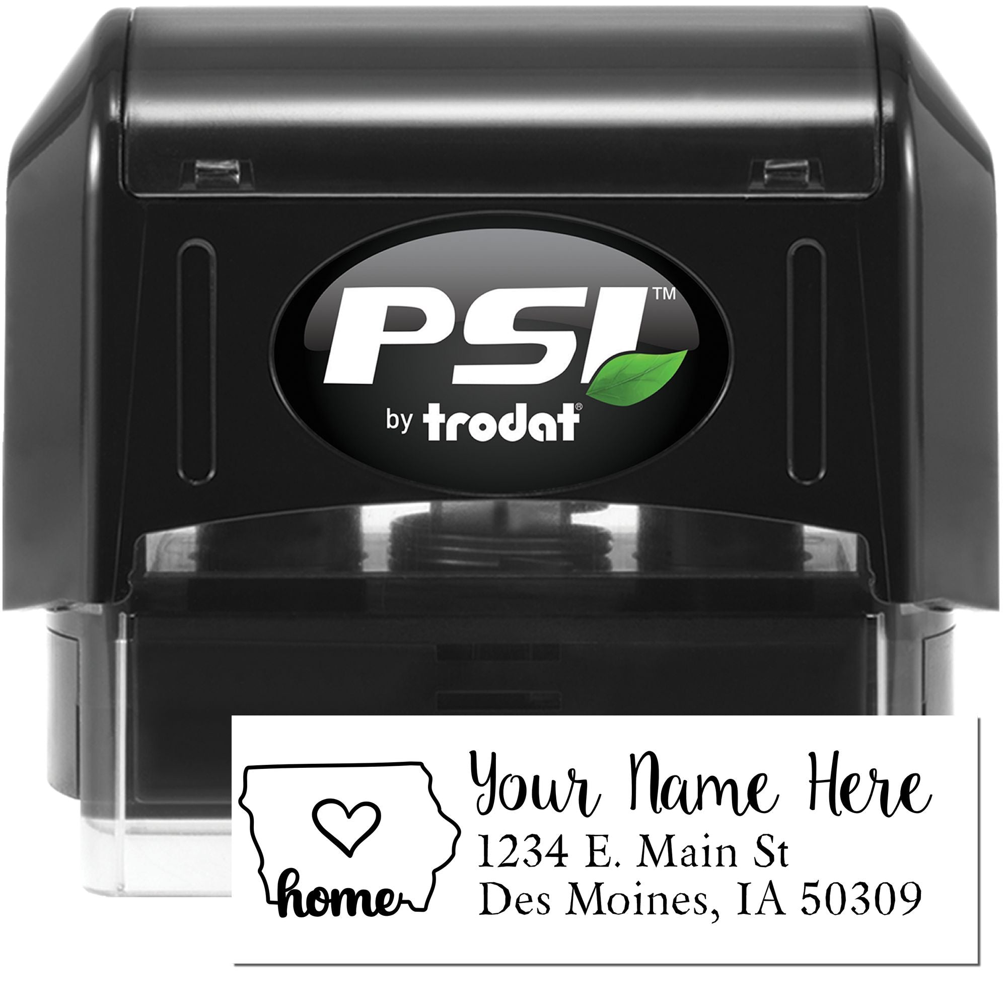 PSI by Trodat self-inking custom return address stamp with home design, personalized name, address, and heart icon.