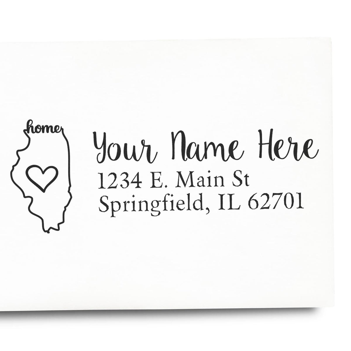 Custom Illinois address rubber stamp with home outline and heart, personalized return address for Springfield, IL.