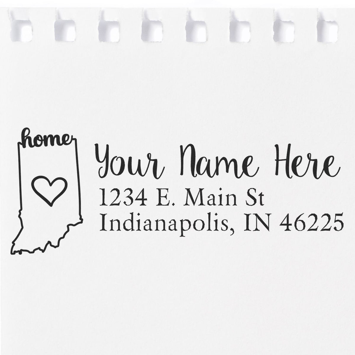 Custom Indiana address rubber stamp with heart, personalized name, street address, city, and ZIP code for home mail.