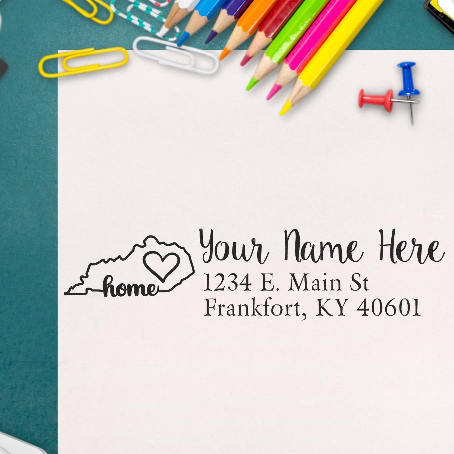 Custom Kentucky home return address rubber stamp with personalized name and mailing address for envelopes.