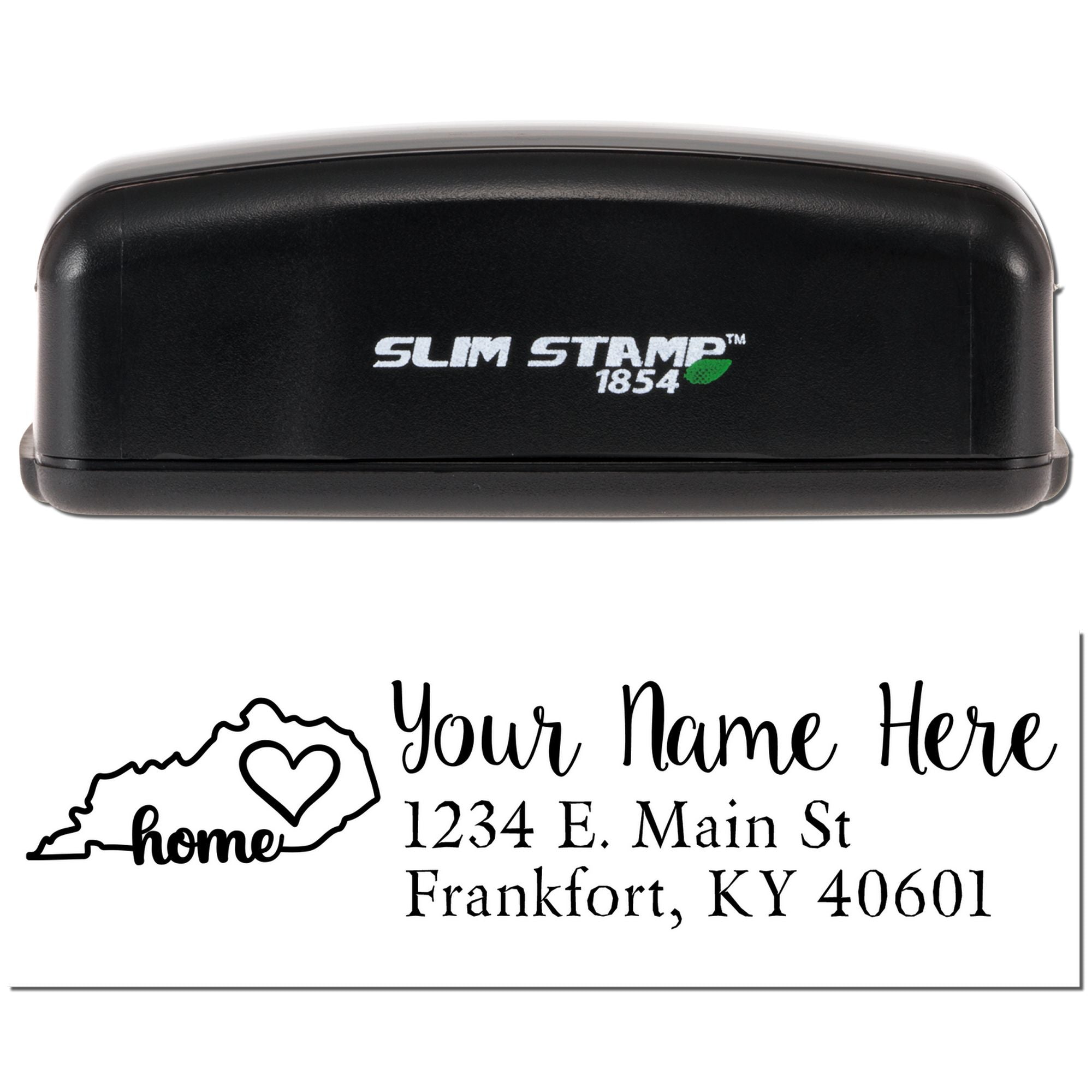 Personalized self-inking rubber address stamp with Kentucky home outline, name, and return address design.
