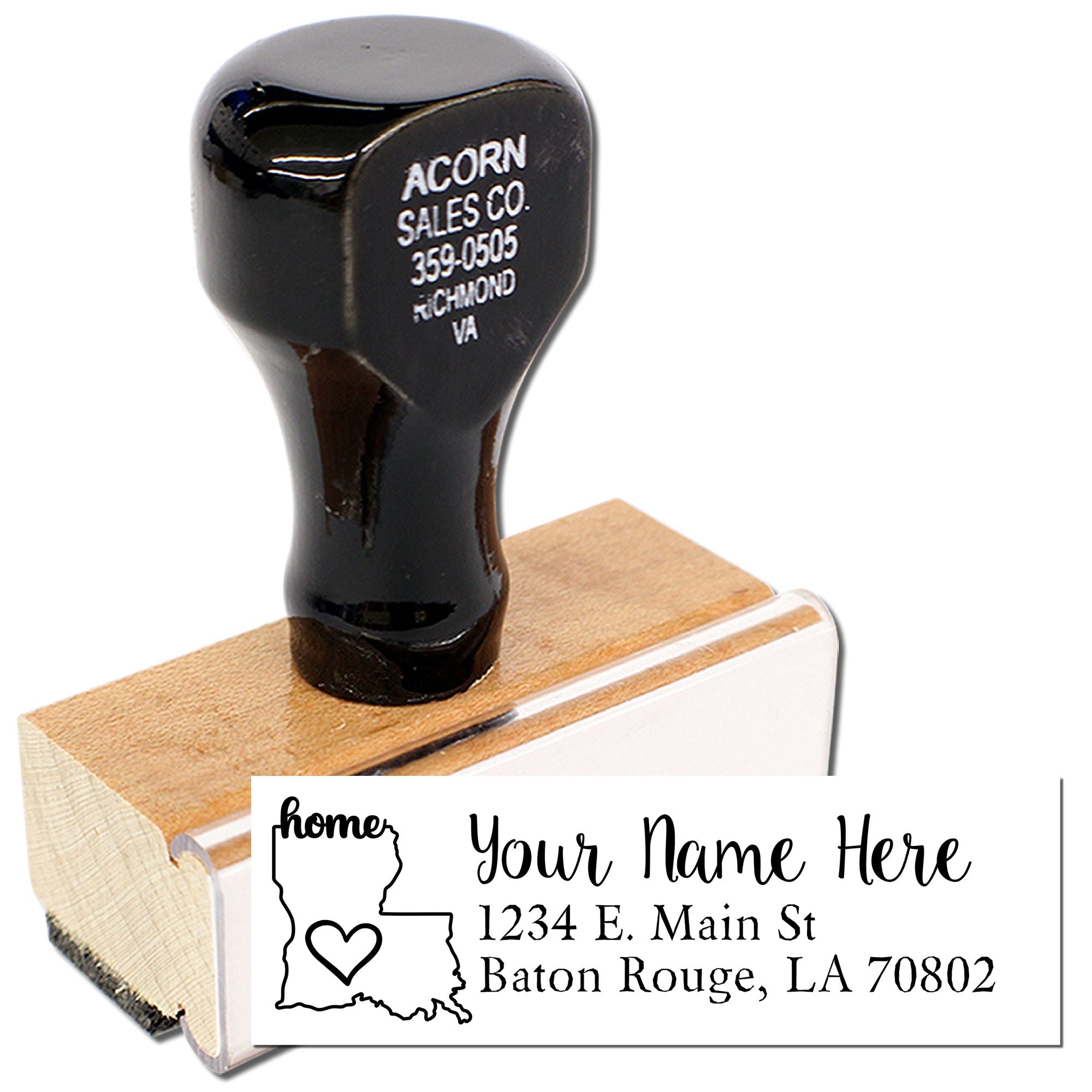 Personalized Louisiana address rubber stamp with wooden handle, name, heart icon, and Baton Rouge return address.