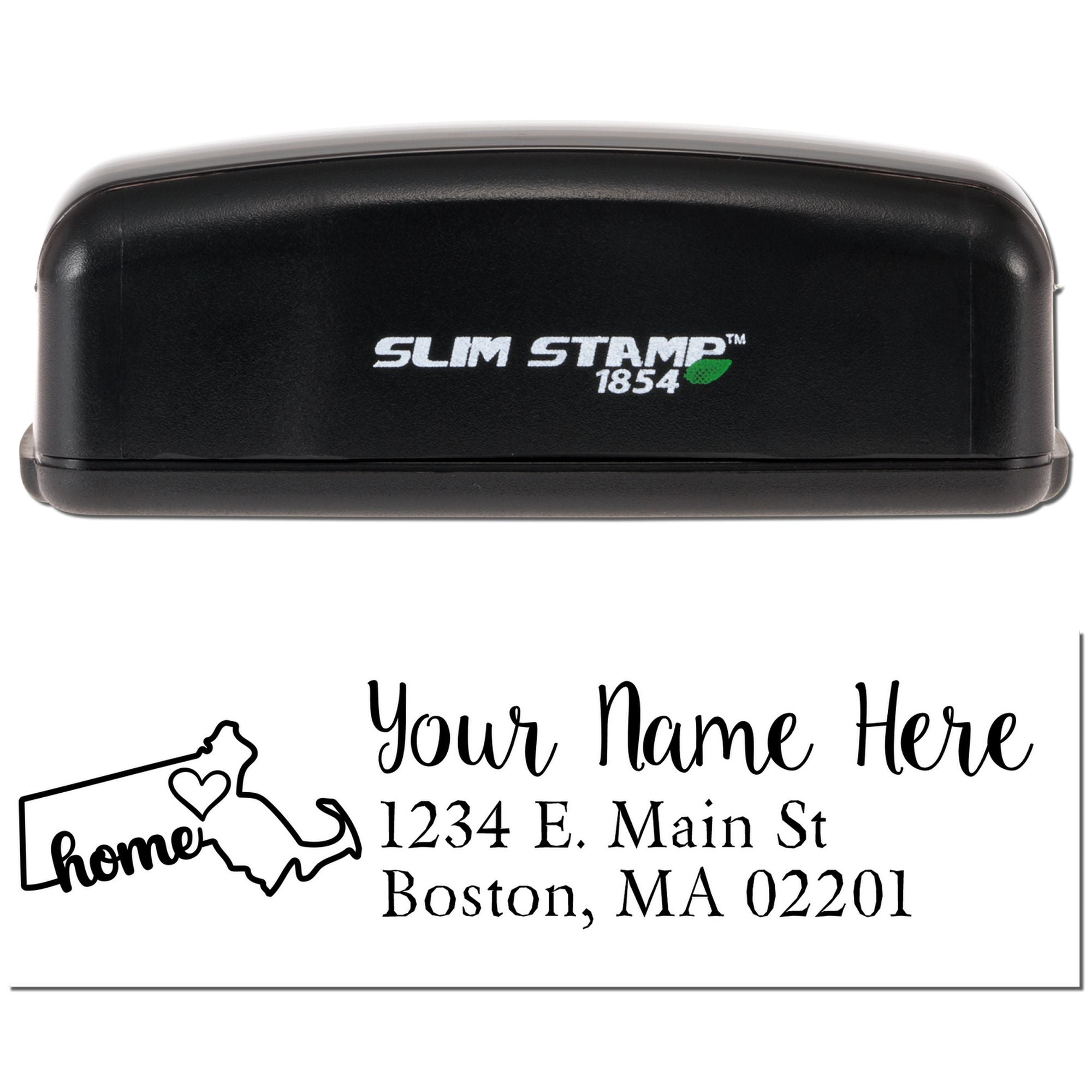 Slim Stamp 1854 custom address rubber stamp with Massachusetts home design and personalized name and address sample.