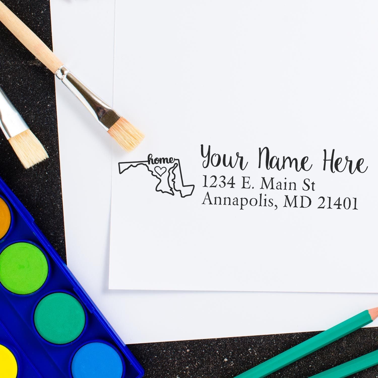 Custom rubber address stamp with Maryland home design, personalized return address for envelopes and stationery